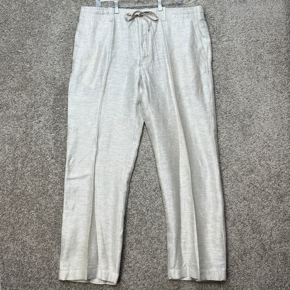 Perry Ellis Other - Perry Ellis Linen Blend Pants Mens 38x32 Beige Straight Leg Drawstring Twill EUC